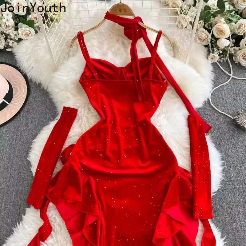 Party Woman Dress Vintage Red Temperament Sexy Robe Femme Slim Waist Split Irregular Bodycon Mini Dresses 2025 Vestidos De Mujer
