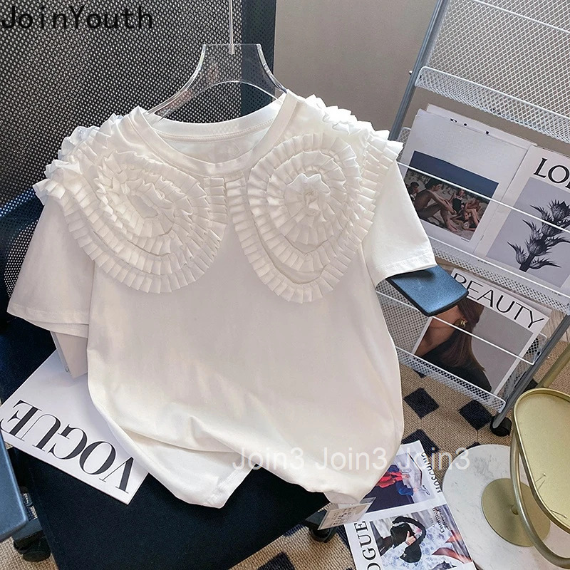 Sweet Woman Tshirts 3D Floral O-neck Short Sleeve White Tees Tops Mujer 2025 Shirts for Women Korean Fashion Y2k T-shirts 7f150
