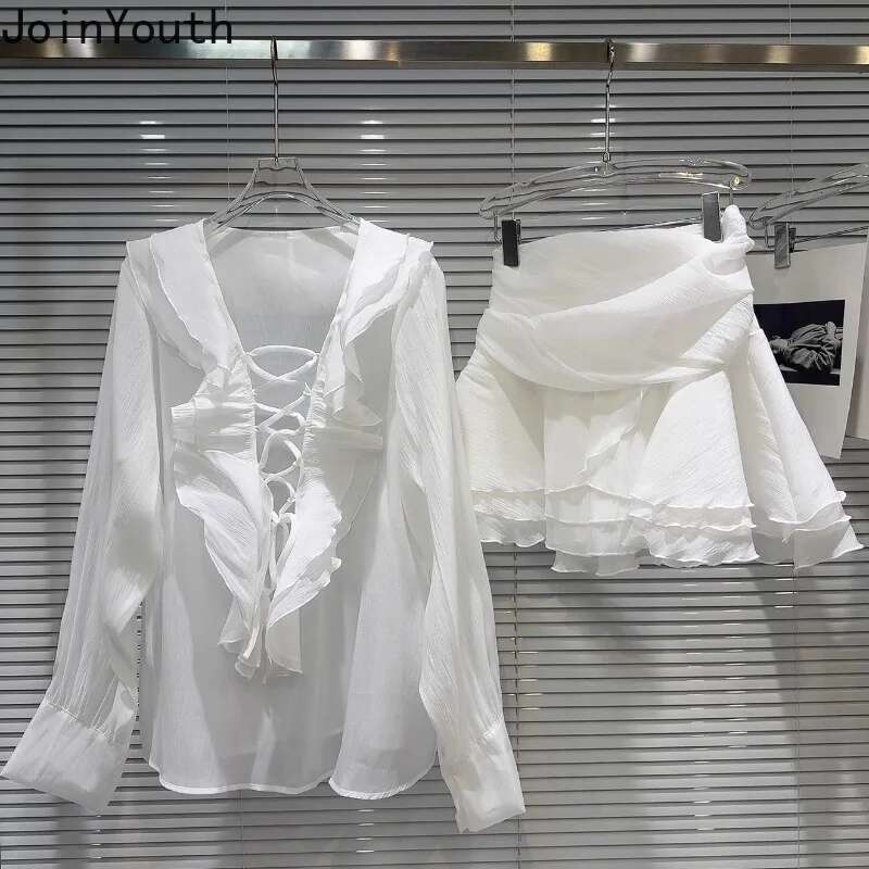 Skirt Suit Women Clothing Summer Two Piece Set V-neck Long Sleeve Blouse High Waist A-line Mini Skirt Outfits Chic Chiffon Sets