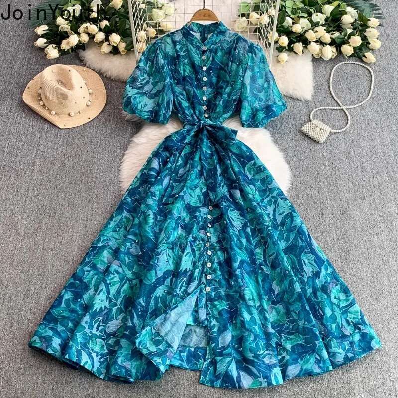 Vintage Dresses for Women Stand Neck Puff Sleeve Big Swing Robe Femme 2025 Vestidos De Mujer Single Breasted Print Summer Dress