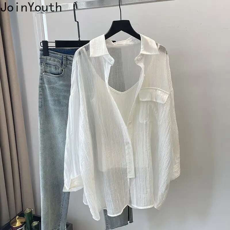 White Blouses for Women Oversized Tops Long Sleeve Korean Fashion Summer Shirts See Through Blouse Blusas Mujer De Moda 2025