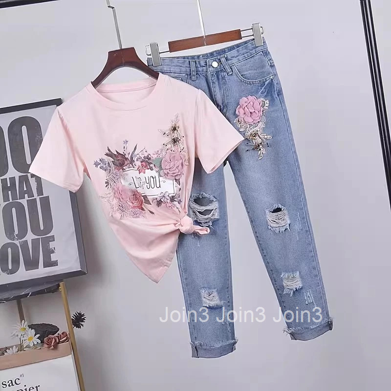 Two Piece Sets Womens Outfits Roupas Femme 3D Floral White Tshirts Tunic Hole Denim Pants Suit Fashion Korean Temperament Set