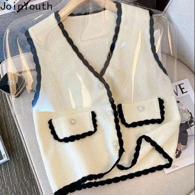 2025 Vest Sweater Women Clothing V-neck Ruffles Single Breasted Vintage Waistcoat Ropa Mujer Black Knitted Tanks Cropped Tops