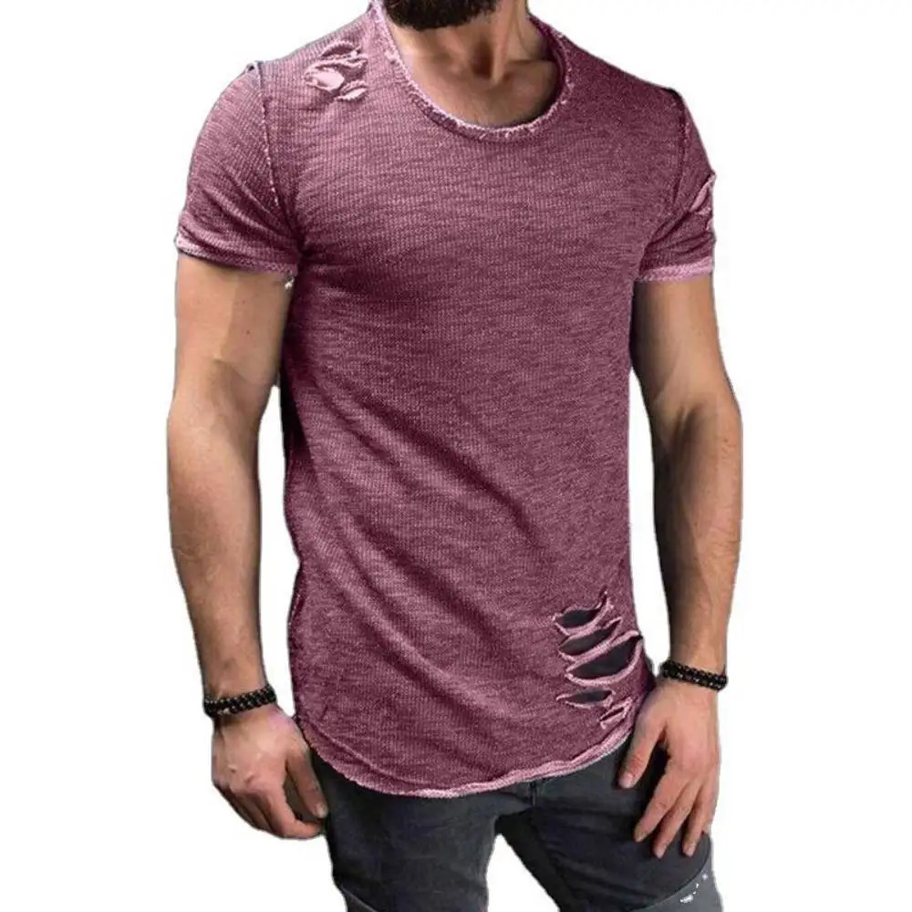 Trendy T-Shirt O-Neck Ripped Hole Distressed Short Sleeve Mens Tshirts Youth Hip Hop Streetwear Casual Tops Tees Camisetas 250616