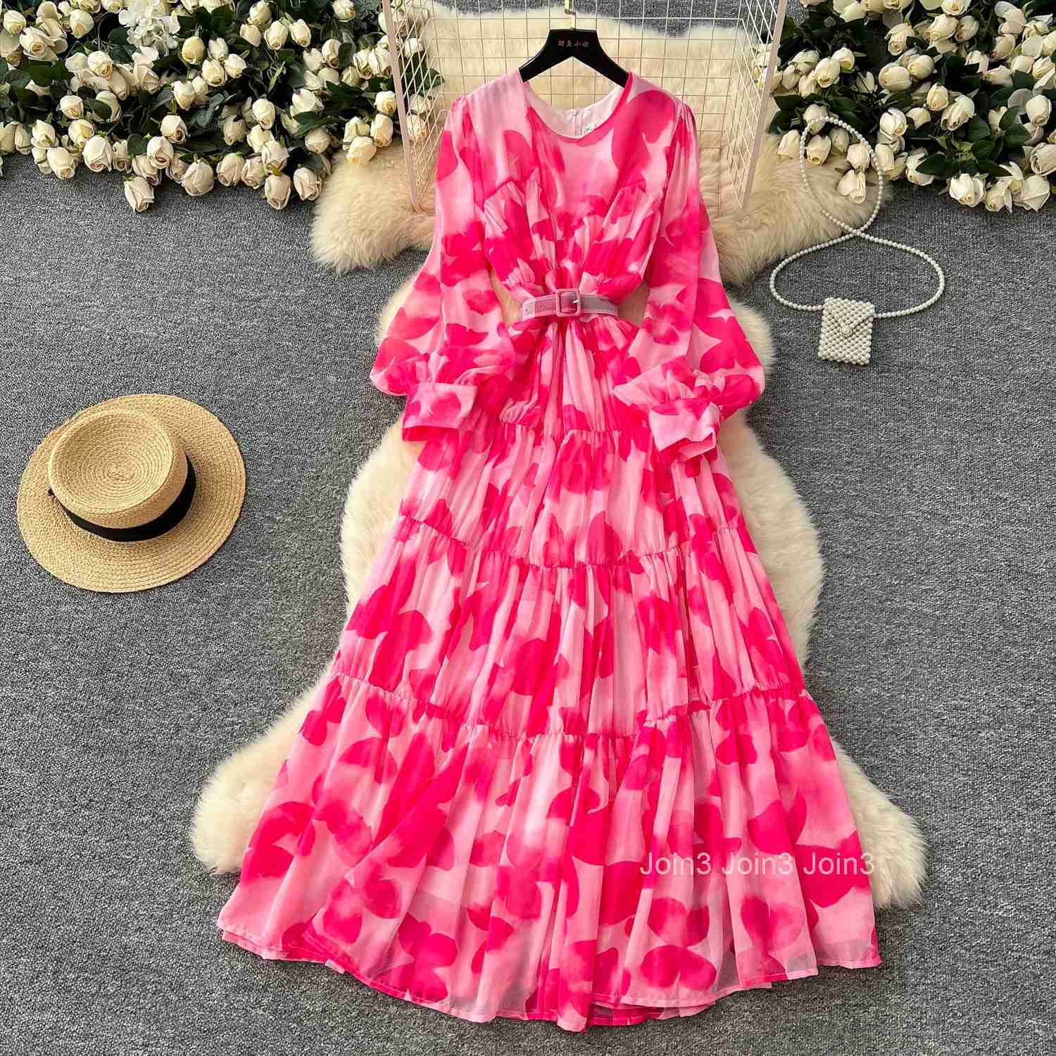 Maxi Dress Women Summer Temperament Floral Robe Femme 2025 Vestidos De Mujer Bandage Slim Waist Floral Big Swing Chiffon Dresses
