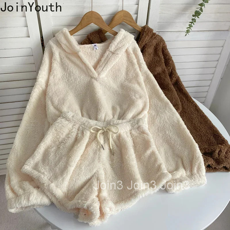 Cute Two Piece Sets Womens Outfits Roupas Femme Hooded Sweatshirts Elastic Waist Shorts Suit Fashion Casual Furry Y2k Set 63a303