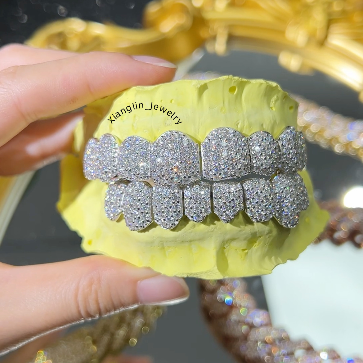 Custom Solid Silver Iced Out Diamond Grillz Gold Plated VVS Moissanite Diamond Hip Hop Grillz for Teeth