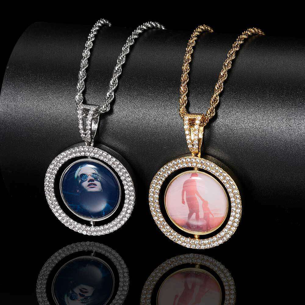 Hip Hop Frame DIY Creative Rotatable Hollow Double-Sided Round Photo Pendant Jewelry Trendy Brand 35d9