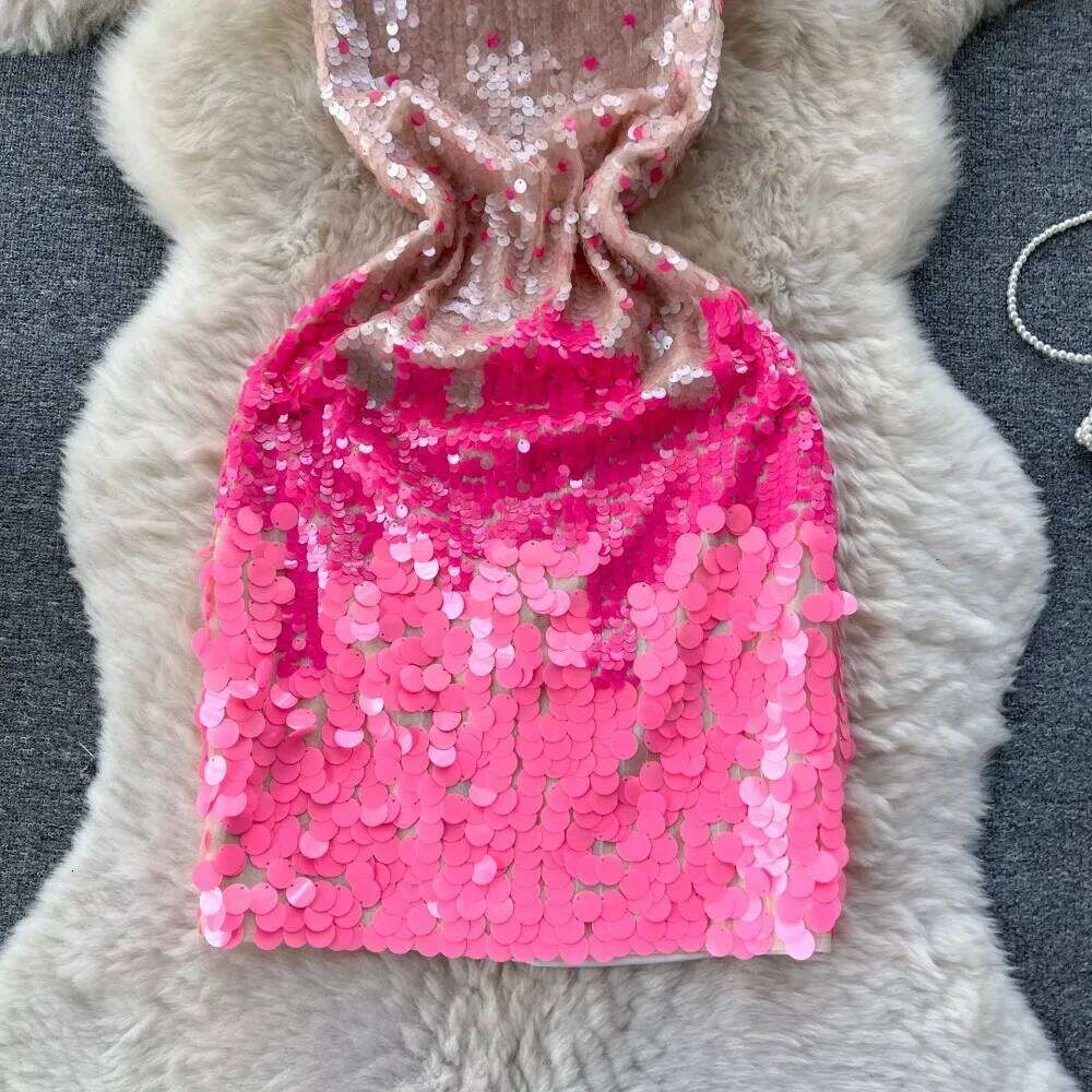 Halter Sleeveless Gradient Sequin Basic Hollow Backless Fashion Sexy Chic Elegant Party Vestidos Slim Women Dress