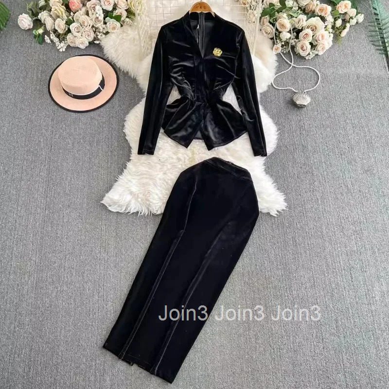 Vintage Two Piece Sets Women Clothing V-neck Tunic Tops High Waist Bodycon Skirts Outfits Roupas Femme Temperament Velvet Suit