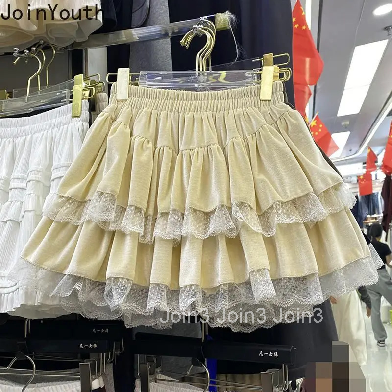 Patchwork Lace Velvet Skirts Women Sweet A-line Jupe 2224 Faldas Mujer De Moda Hig Waist Sweet Saia Lolita Style Cute Mini Skirt