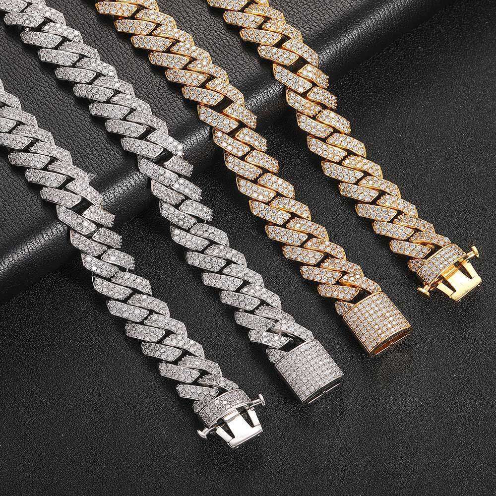 15mm Elastic Buckle Dia Cuban Chain Zircon Necklace Hip Hop Men's Bracelet Personality Jewelry 8601