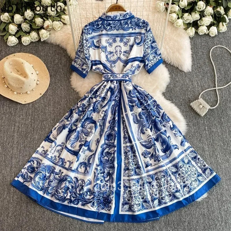 Summer Dress Women Tunic Floral Big Swing Temperament Robe Femme 2025 Vestidos De Mujer Short Sleeve Single Breasted Maxi Dress