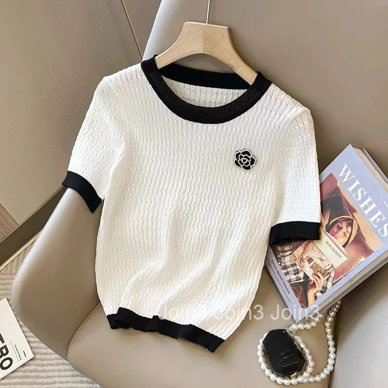 Knitted Woman Tshirts Ropa Mujer Short Sleeve O-neck Summer Tees Loose Fashion Korean T Shirt Crop Tops 2025 Shirts for Women