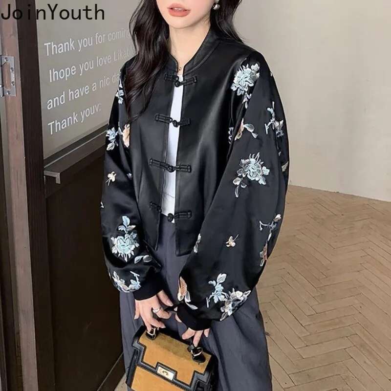 Chinese Style Vintage Women Jackets Patchwork Leather Stand Neck Temperament Tops Chic Embroidery Floral Single Breasted Coats