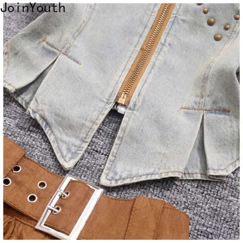 Skirt Suit Women Clothes Two Piece Sets Rivet V-neck Denim Crop Tops Irregular A-line Mini Skirts Outfits Summer Sexy Y2k Set