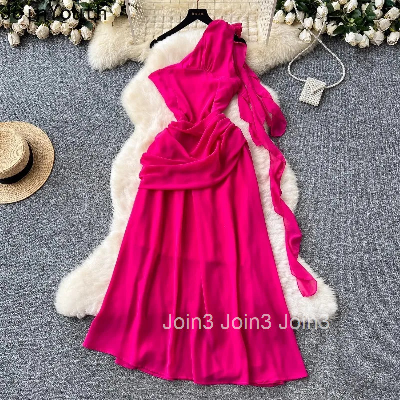 2025 Vestidos De Mujer Maxi Dresses for Women 3D Floral Slim Waist Folds Robe Femme Off Shoulder A-line Irregular Summer Dress