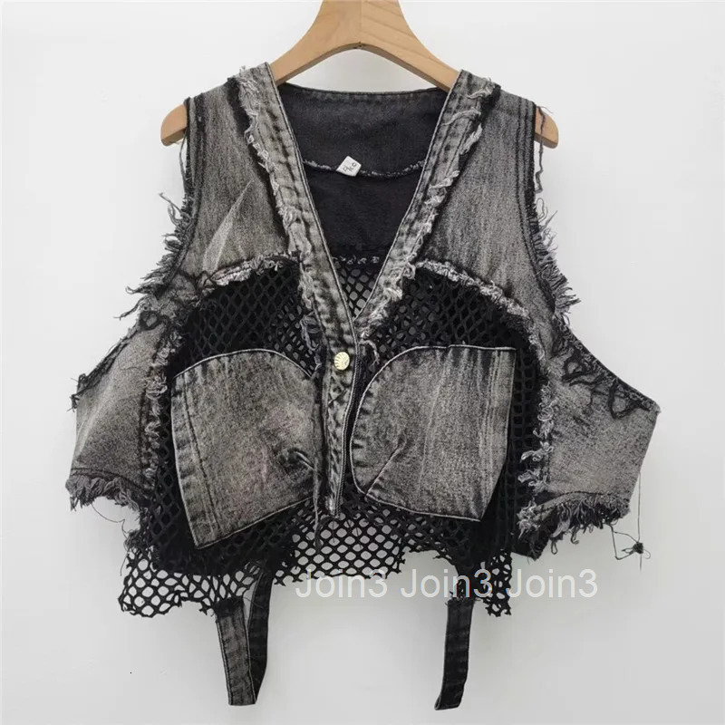 Streetwear Denim Vest Womens Clothing Patchwork Hollow Out Waistcoat Y2k Tops 2025 Ropa Mujer Fashion Casual Sleeveless Tanks