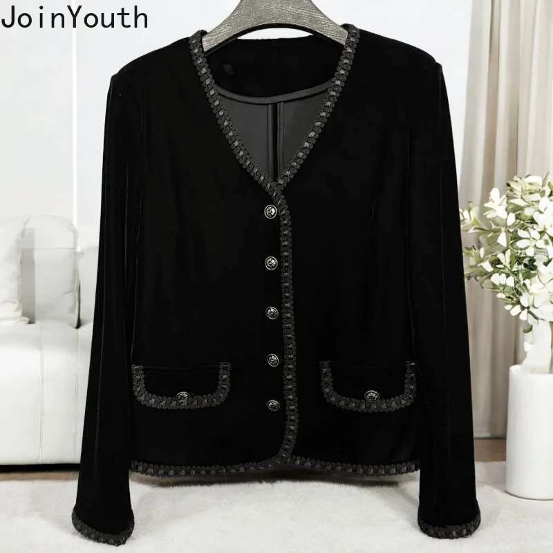 2025 Women Clothing Temperament Jackets V-neck Long Sleeve Velvet Outwear Ropa Mujer Korean Tops Vintage Oversized Coats 63b092