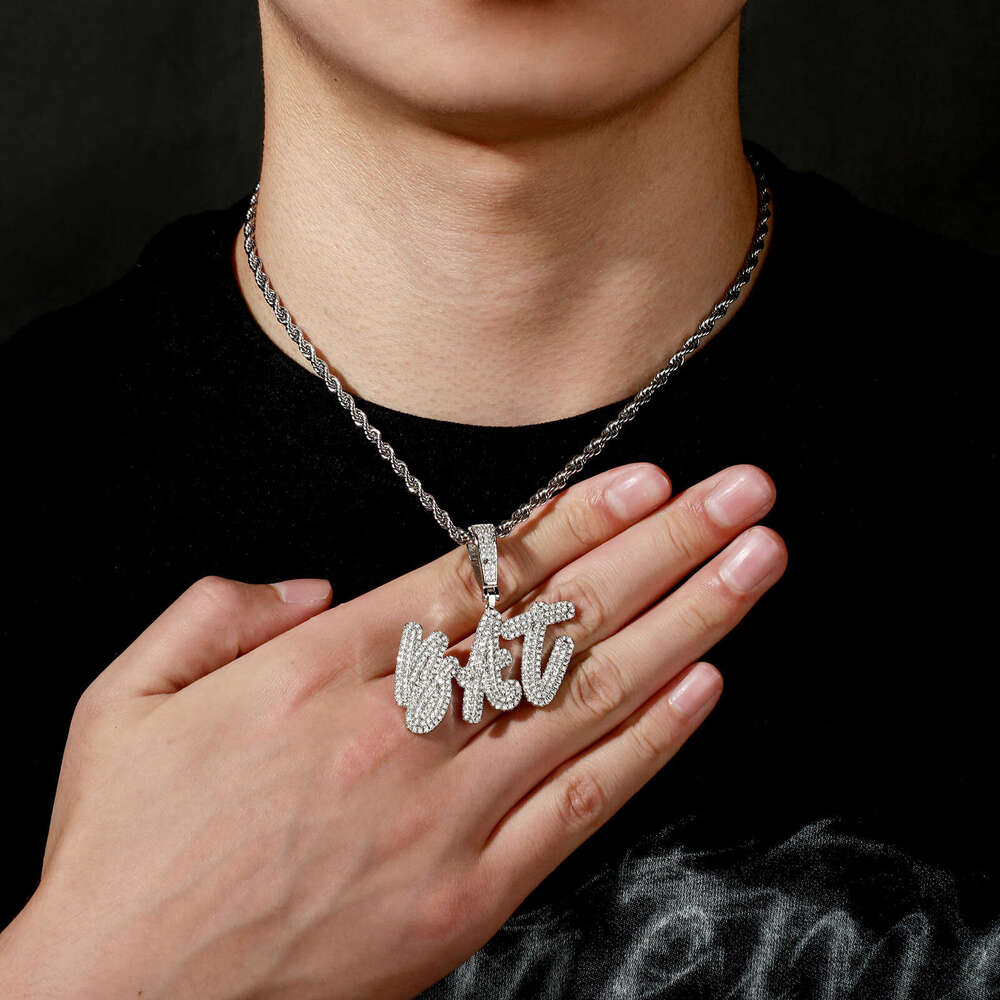 Jin Ao Man Zircon Cursive Alphabet Hip-Hop Pendant Necklace 26 English Letters Free Combination Unisex Trendy Accessories