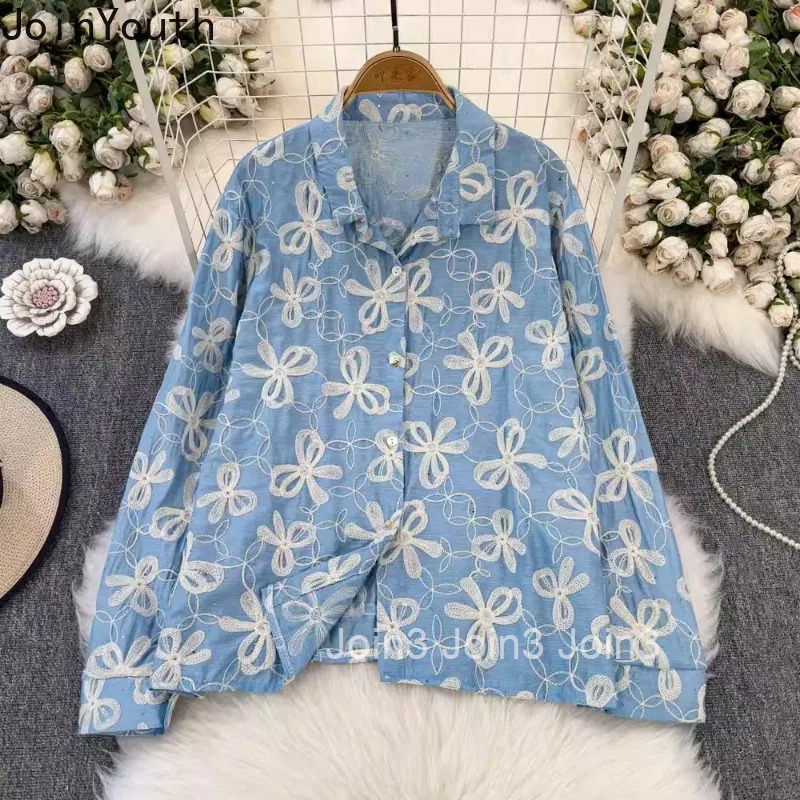 Blouses for Women Long Sleeve Heavy Diamond Embroidery Shirts 2025 Blusas Mujer De Moda Loose Vintage Fashion Korean Blouse Tops