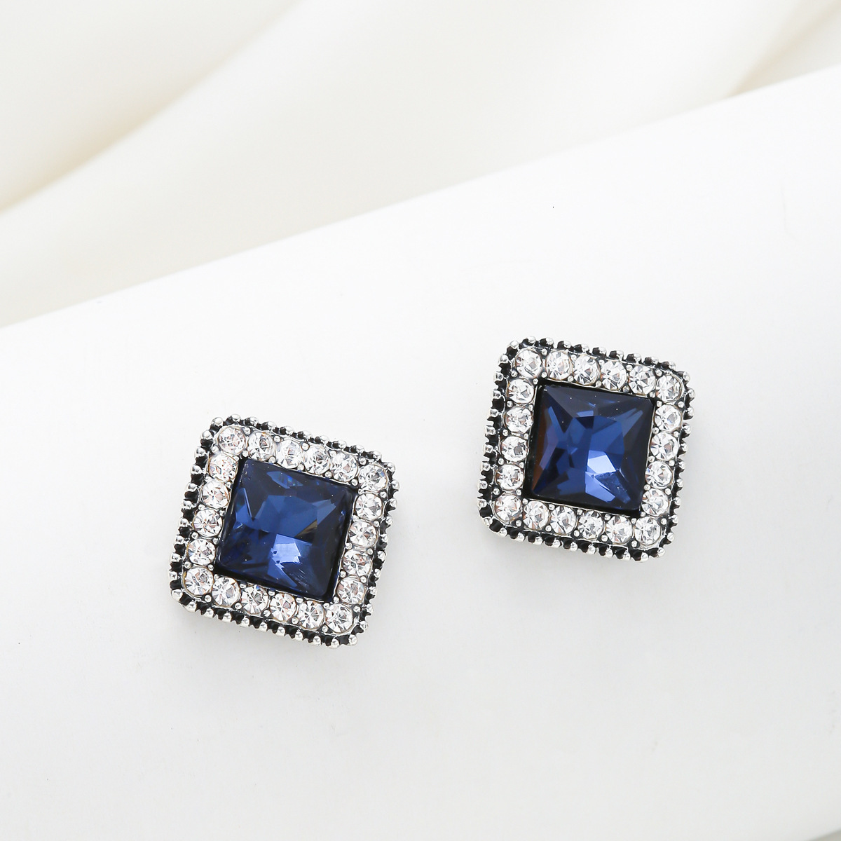 Square Earrings Korean Style Inlaid Blue Zircon Studs Elegant High-End Full Ear Jewelry