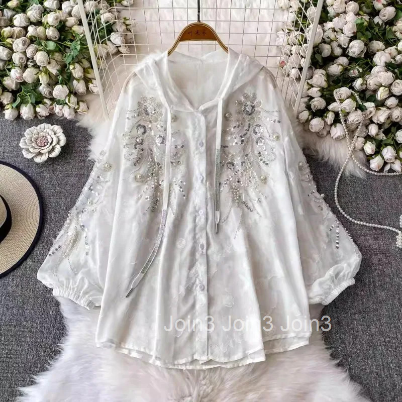 2025 Blusas Mujer De Moda Heavy Sequin Beading Blouse Womens Clothing Long Sleeve Loose Hooded Shirts Temperament Tops Female