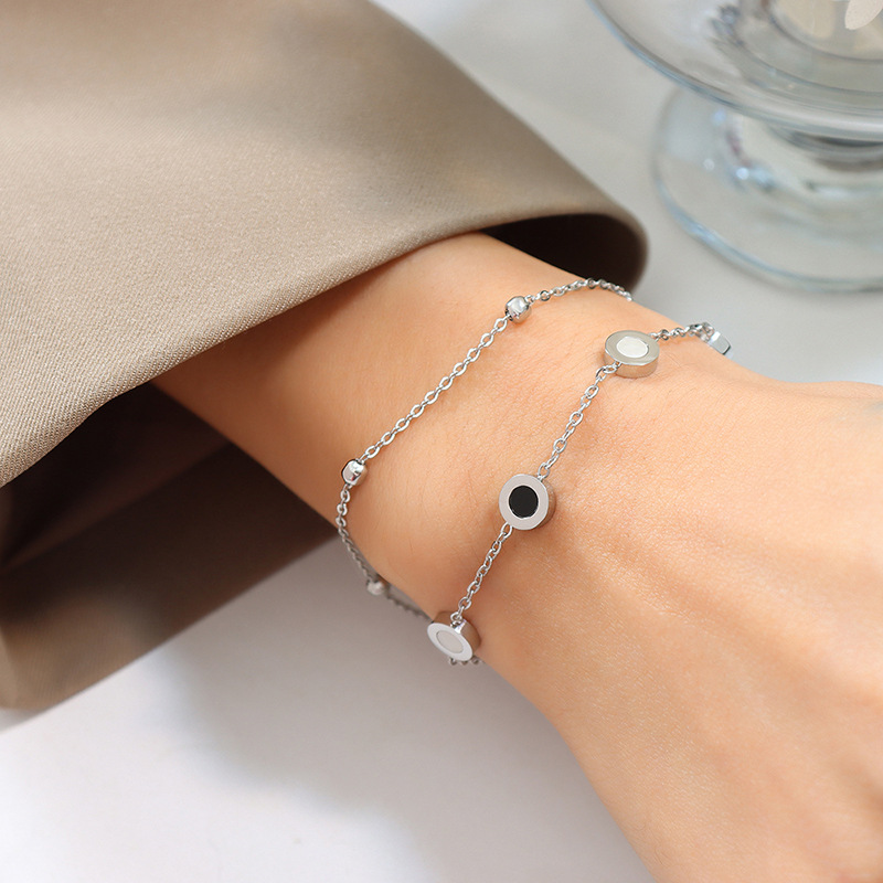 18K Gold Plated Layered Bracelet, Double - Chain with Black & White Circular Charms, Trendy Dainty Jewelry for Women