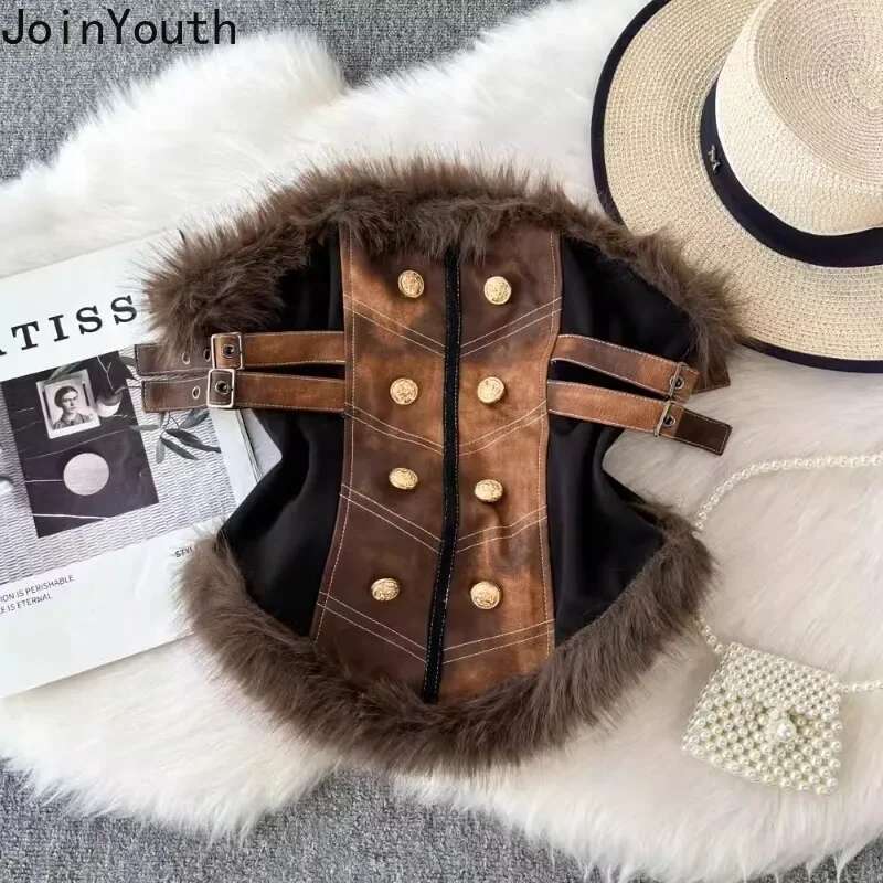 Crop Top Womens Clothing Korean Vest Double-breasted Patchwork Furry Slim Fit Temperament Camis Y2k Tops Fashion Summer Tanks