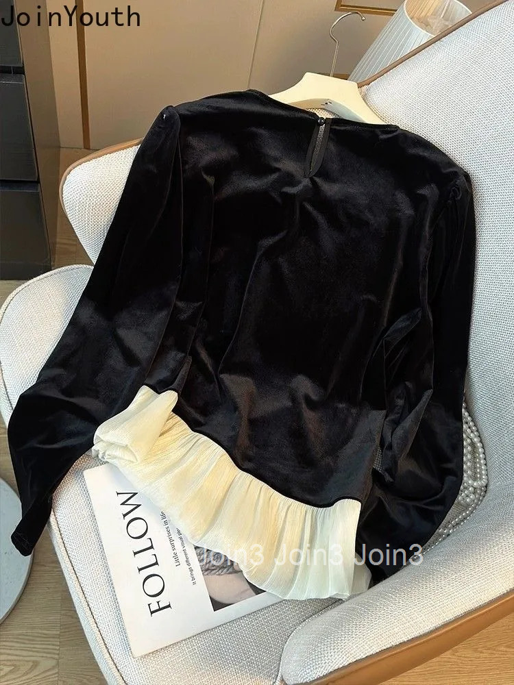 Heavy Beading O-neck Blouse Women Clothing Patchwork Velvet Shirts Crop Tops 2025 Camisas De Mujer Chic Irregular Black Blouses