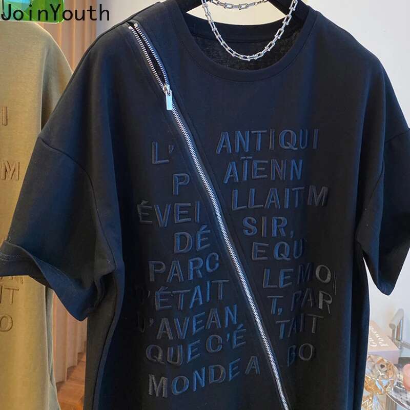 Streetwear Y2k Tops Summer T Shirts Women Clothing Short Sleeve O-neck Letter Tees Patchwork Zipper Embroidery Casual T-shirt