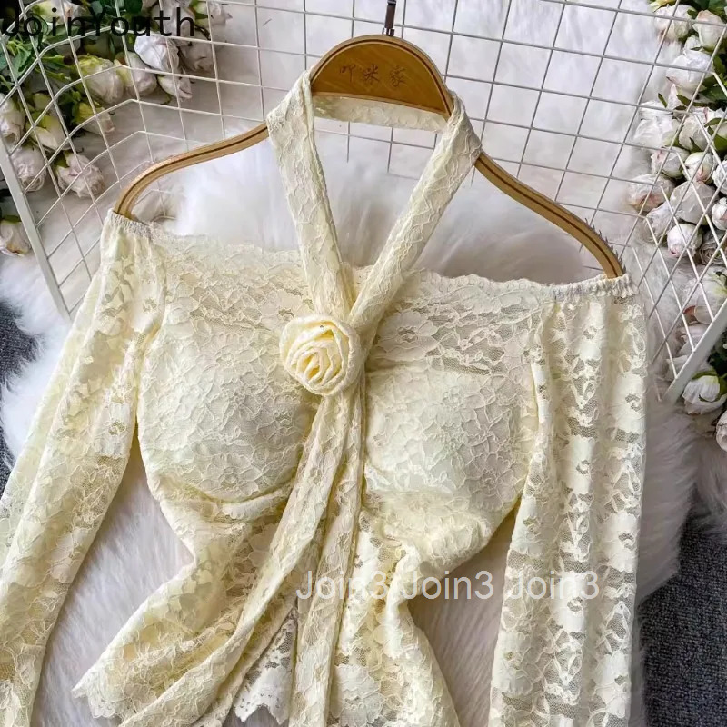 Shorts Outfits Women Clothing Two Piece Sets Slash Neck Flare Sleeve Lace Shirt High Waist Ruffles Shorts Suit Fashion Sexy Set