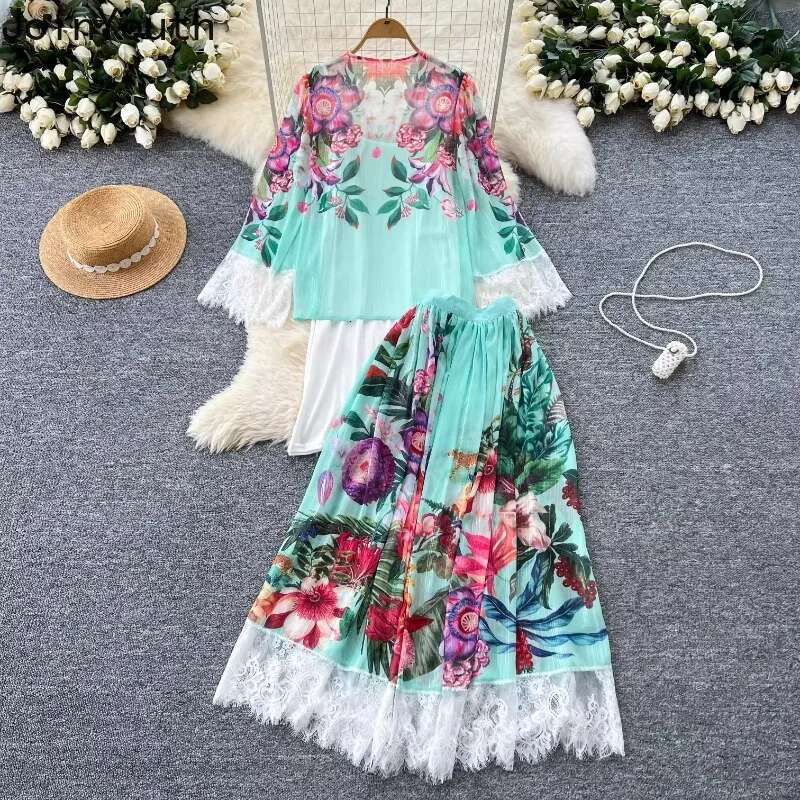 Skirt Suit Women Clothing Summer 2 Piece Set 2025 V-neck Patchwork Lace Floral Chiffon Blouse High Waist A-line Skirts Outfits