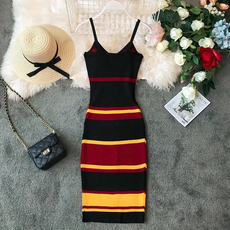 Women Sexy Knitted Dress Woman Dresses Colorblock High Waist ALine VNeck Sleeveless Patchwork Color Stripes Vestidos 250616