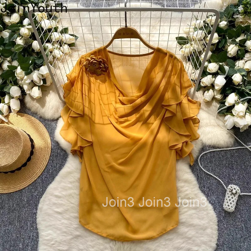 2025 Blusas Mujer De Moda Women Tops Summer Blouses 3D Floral Loose Shirts Ruffles Chiffon Blouse Thin Vintage Womens Clothing