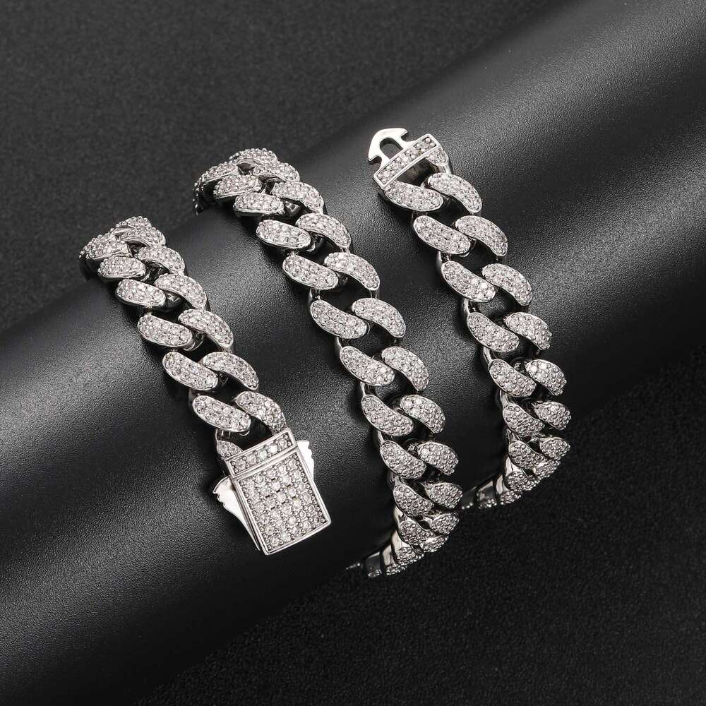 12mm Cuban Chain Micro Paved Zircon Spring Clasp Personality Trendy Men's Hip Hop Necklace Accessories e413
