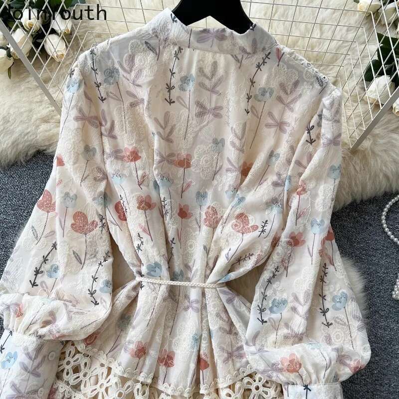 Floral Dresses Women Clothing 2025 Vestidos De Mujer Patchwork Lace Slim Waist Vintage Robe Femme Embroidery Hollow Out Dress