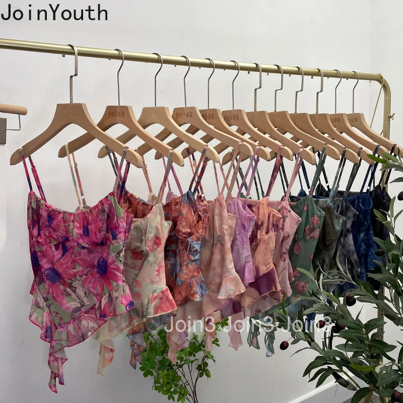Irregular Tie Dye Printed Mesh Camisole Vest Women Clothing Sexy Tees Sleeveless Tunic Summer Camis Crop Tops Korean Chic Tanks