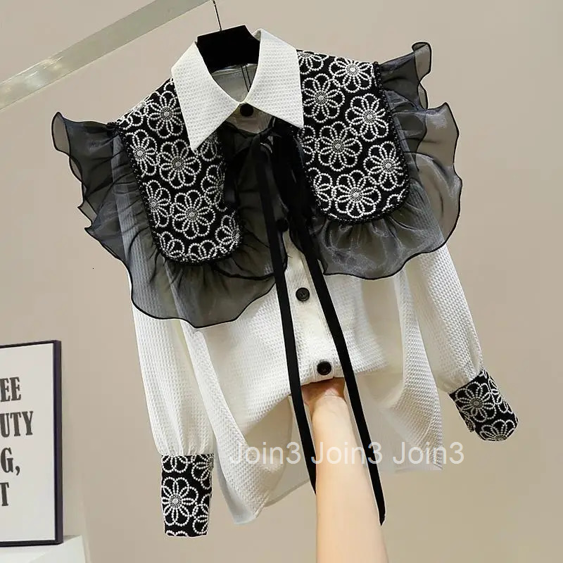 Long Sleeve Women Blouse Fashion Korean Shirts Outfits Two Piece Sets Loose Summer Blouses Ruffles Heavy Embroidery Shawl Suit