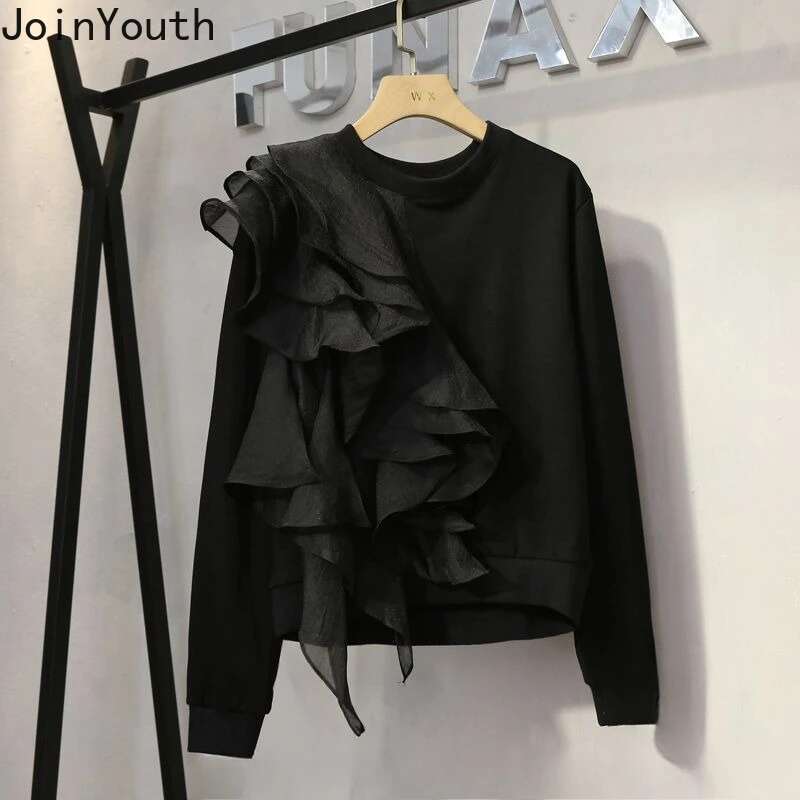2025 Women Clothing White Hoodies O-neck Long Sleeve Oversized Sweatshirts Y2k Tops Chic Ruffles Irregular Fashion Casual Hoodie