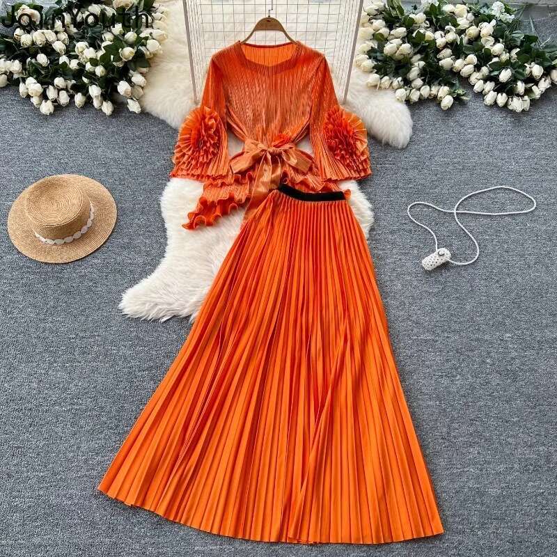 Temperament Two Piece Set Women Clothing Bandage Floral Irregular Tops High Waist Loose Pleated Skirt Suit Chic Vintage Outfits