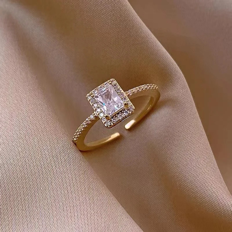 Exquisite Simple Square Zircon Gold Color Open Rings For Woman 2025 Salary Goth Jewelry Wedding Party Girls Student Ring 250617