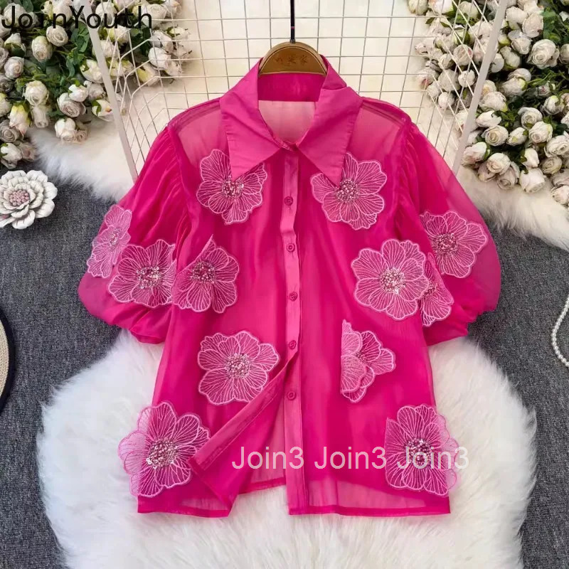 2025 Blusas Mujer De Moda Summer Blouse Womens Clothing Short Sleeve Sweet Sequin Floral Shirt See Through White Blouses Tops