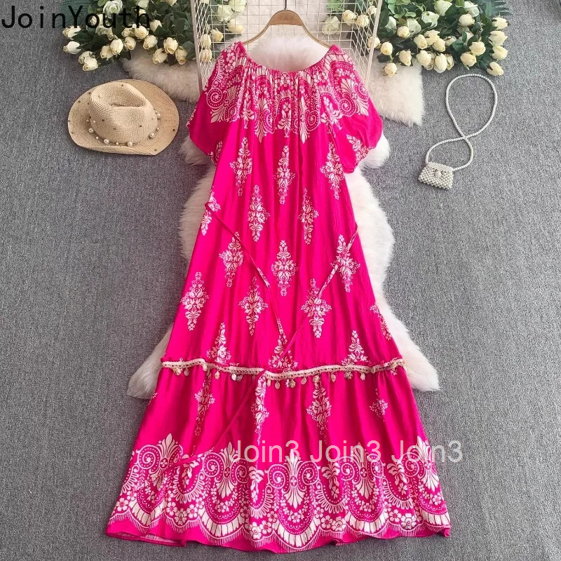 Maxi Dress Womens Clothing 2025 Vestidos De Mujer O-neck Puff Sleeve Slim Waist Robe Femme Floral Tassel Vintage Summer Dresses