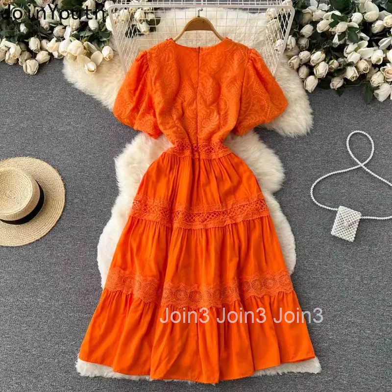 Summer Dress for Women Sweet Puff Sleeve V-neck Tunic Roe Femme Vintage Hollow Out A-line White Dresses 2025 Vestidos De Mujer