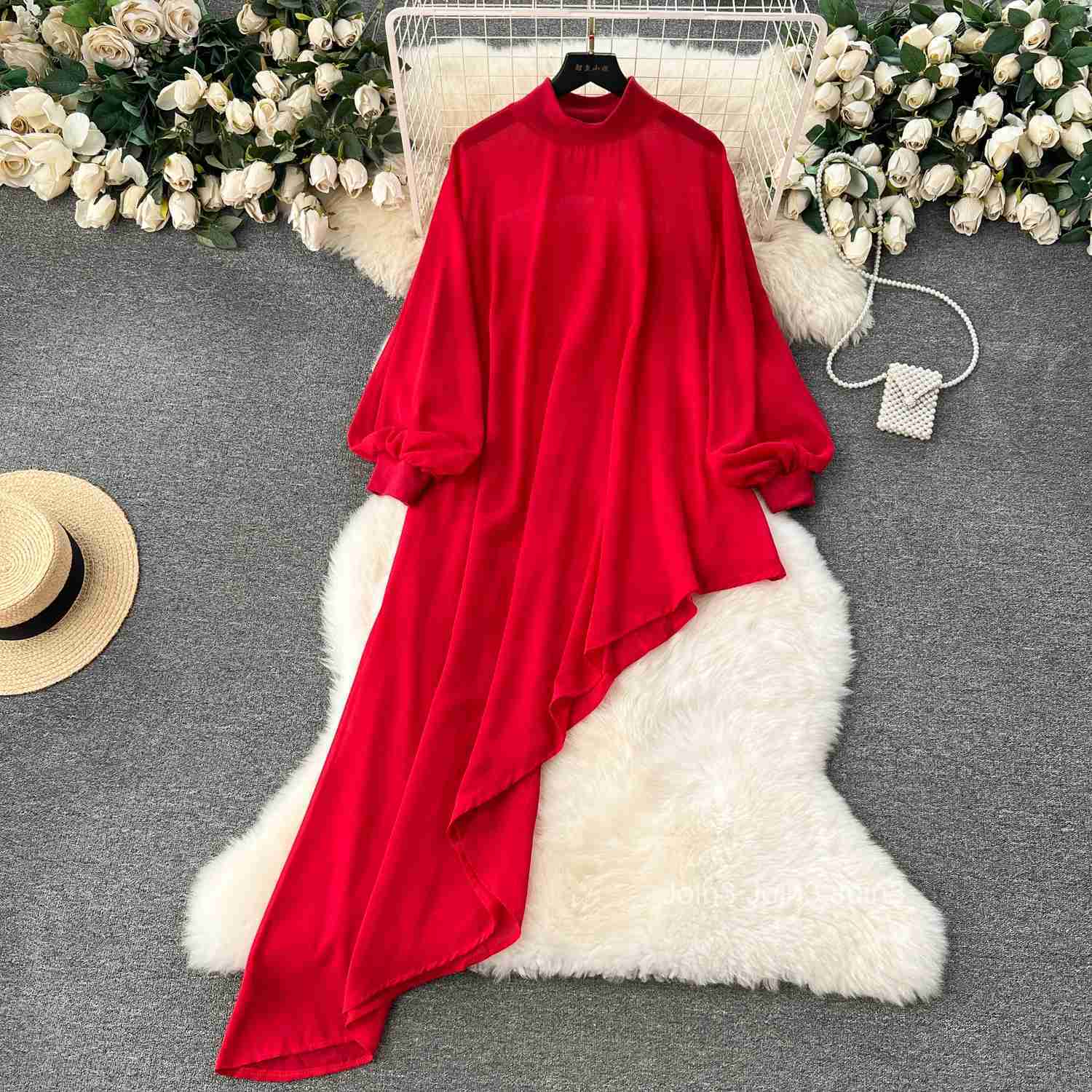 2025 Vestidos De Mujer Irregular Dress Womens Clothing Lantern Sleeve Stand Neck Loose Robe Femme Chic Chiffon Loose Dresses