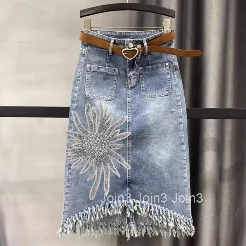 Denim Skirts for Women Fashion Diamond Tassel Jupe Bodycon Korean Saia 2025 Faldas Mujer De Moda High Waist Tunic Casual Skirt
