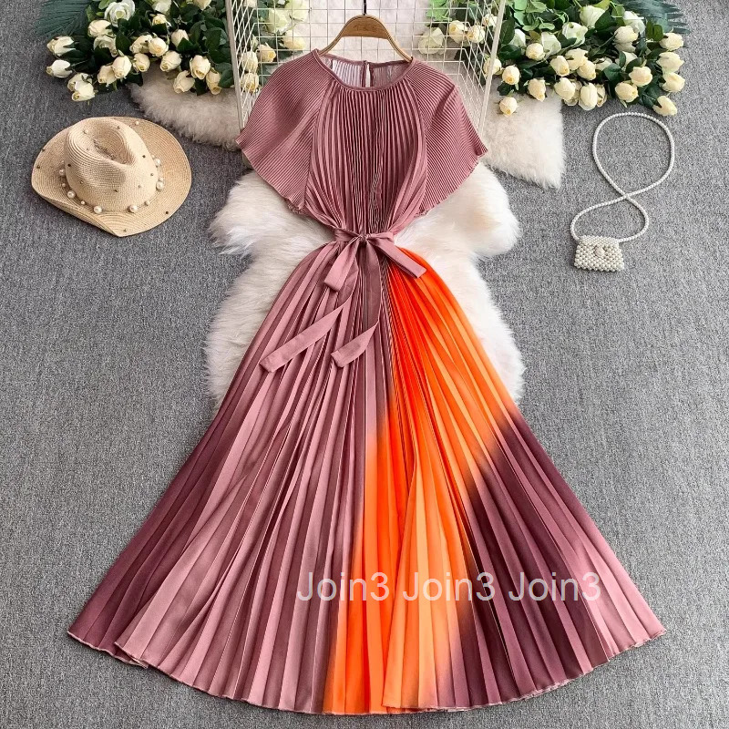 Fashion Gradient Color Pleated Dress O-neck Short Sleeve Slim Waist Robe Femme 2025 Vestidos De Mujer Bandage Summer Dresses