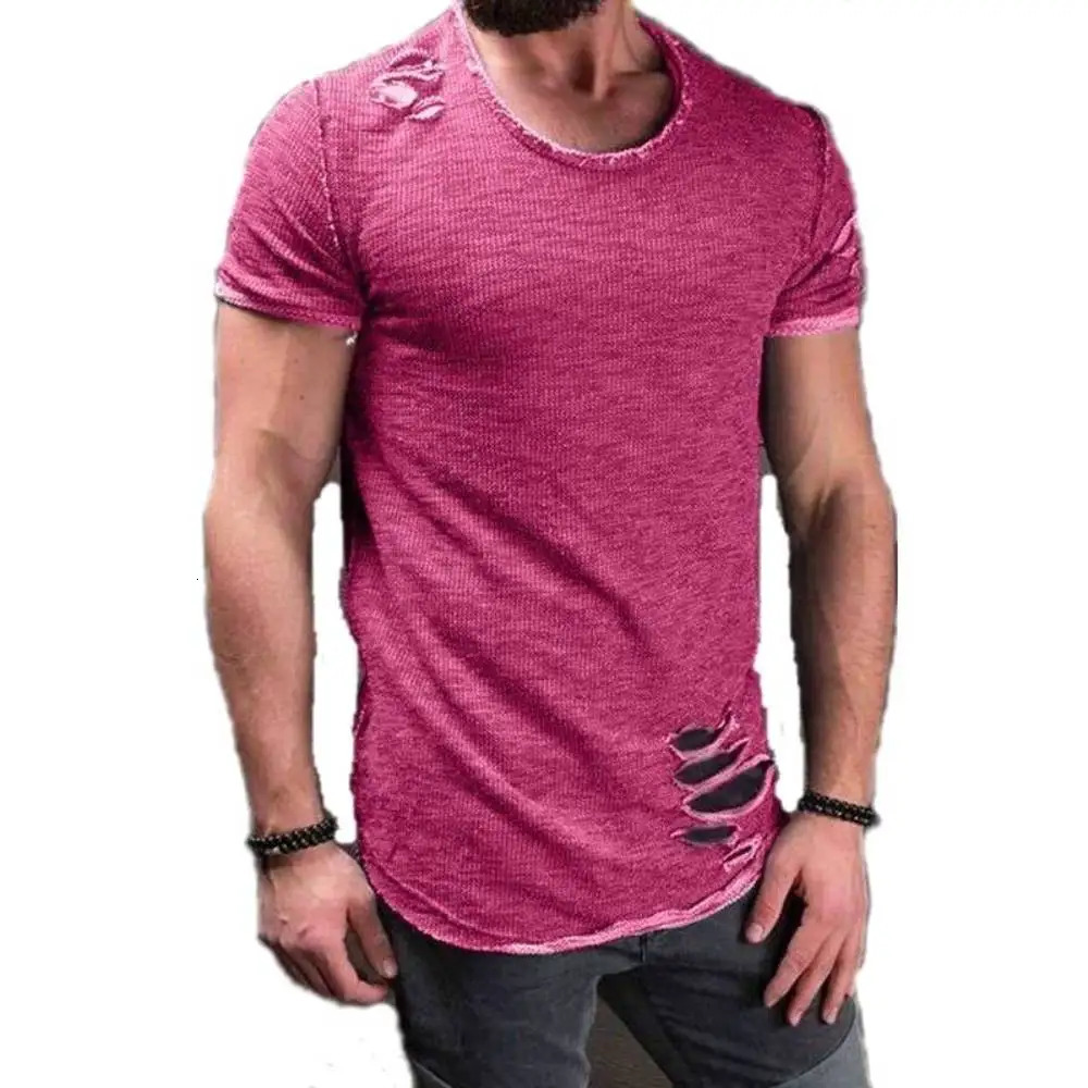 Trendy T-Shirt O-Neck Ripped Hole Distressed Short Sleeve Mens Tshirts Youth Hip Hop Streetwear Casual Tops Tees Camisetas 250616