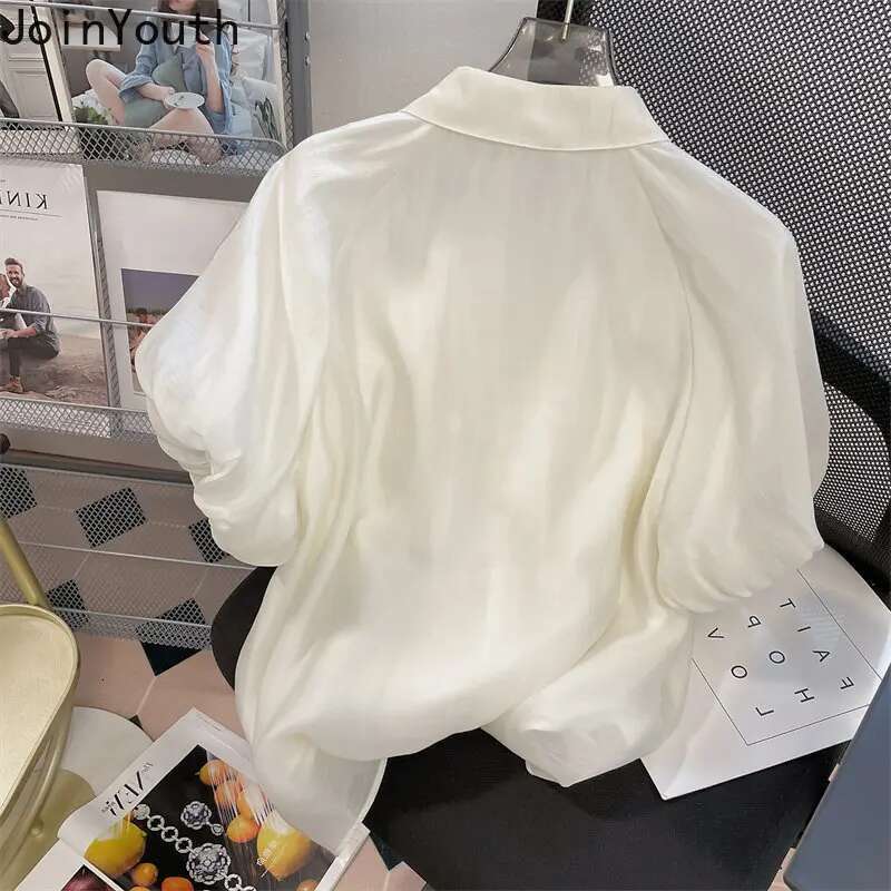 2025 Blusas De Mujer Chiffon Summer Blouses for Women Temperament Tops Loose Puff Sleeve Vintage Blouse Solid Color Chic Shirts